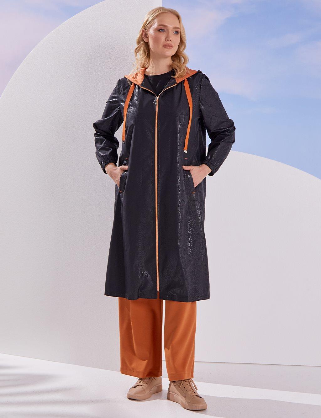 Kayra Jakarlı Animal Print Trençkot Siyah