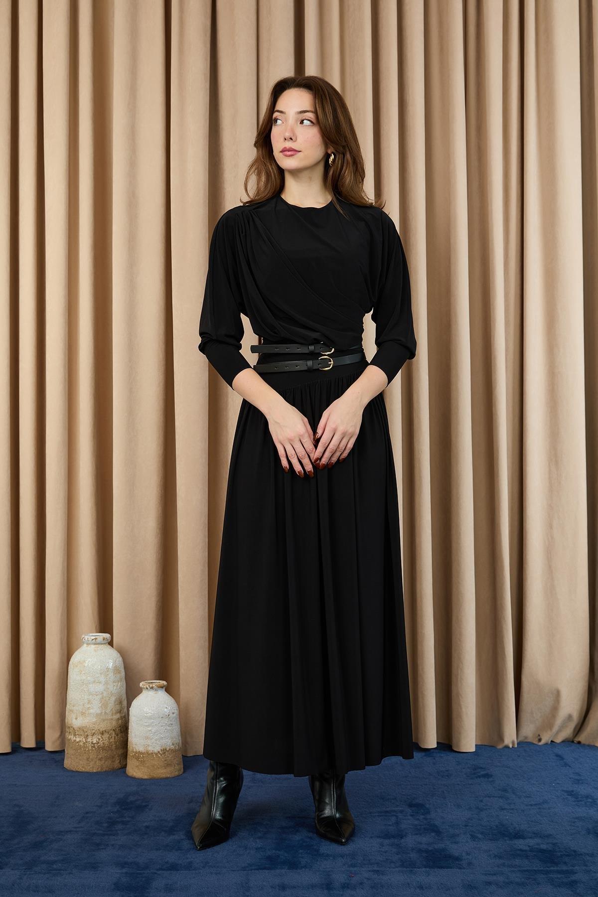 MUN ELBİSE DRAPE YAKA KEMERLİ 12659