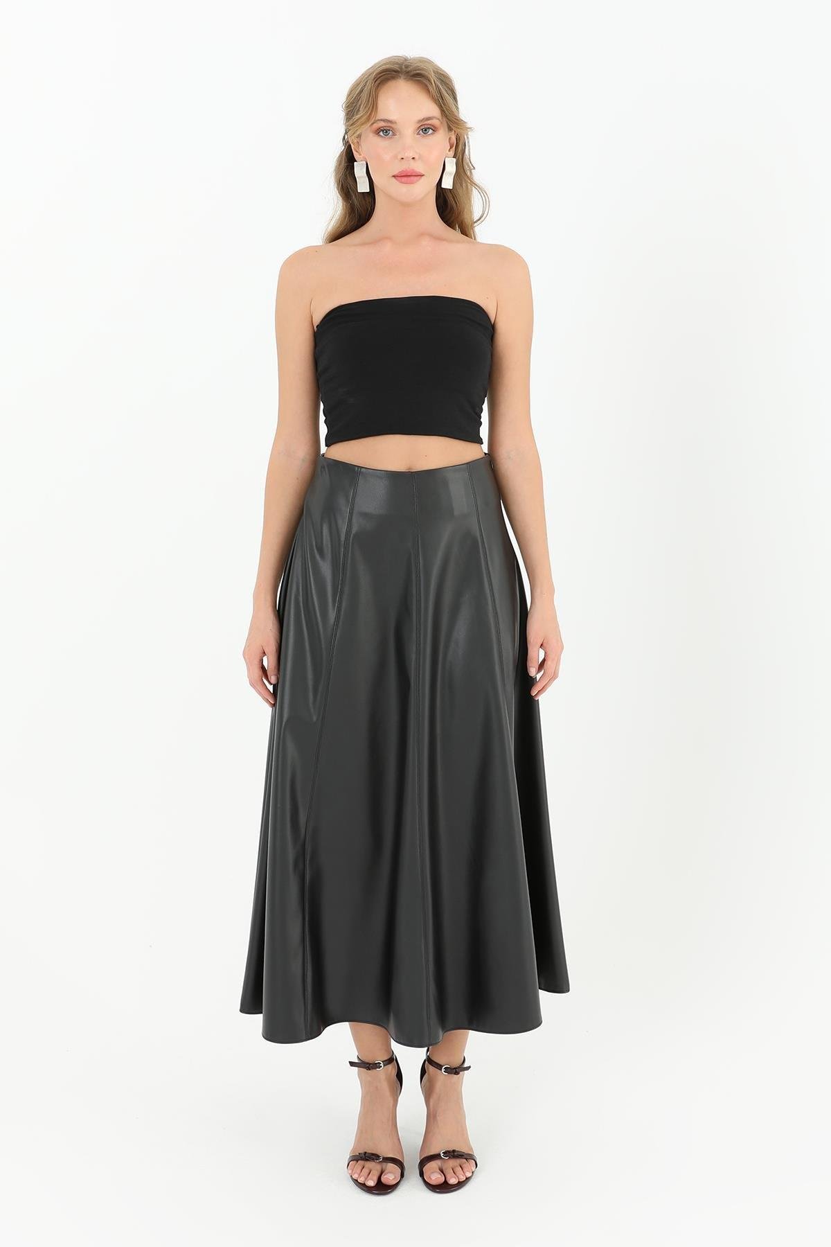 Puane Fermuarlı Deri Etek