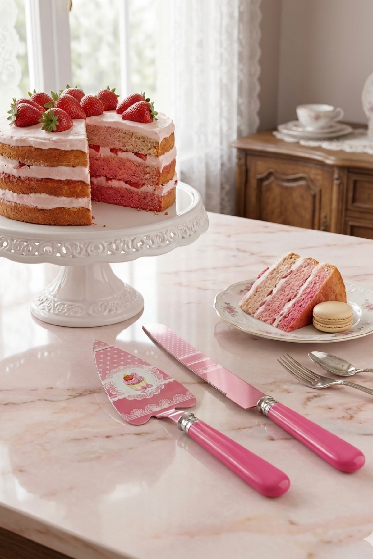 ROOC CUPCAKE VE KALP DESENLİ PEMBE 2 PARÇA PASTA SERVİS SETİ