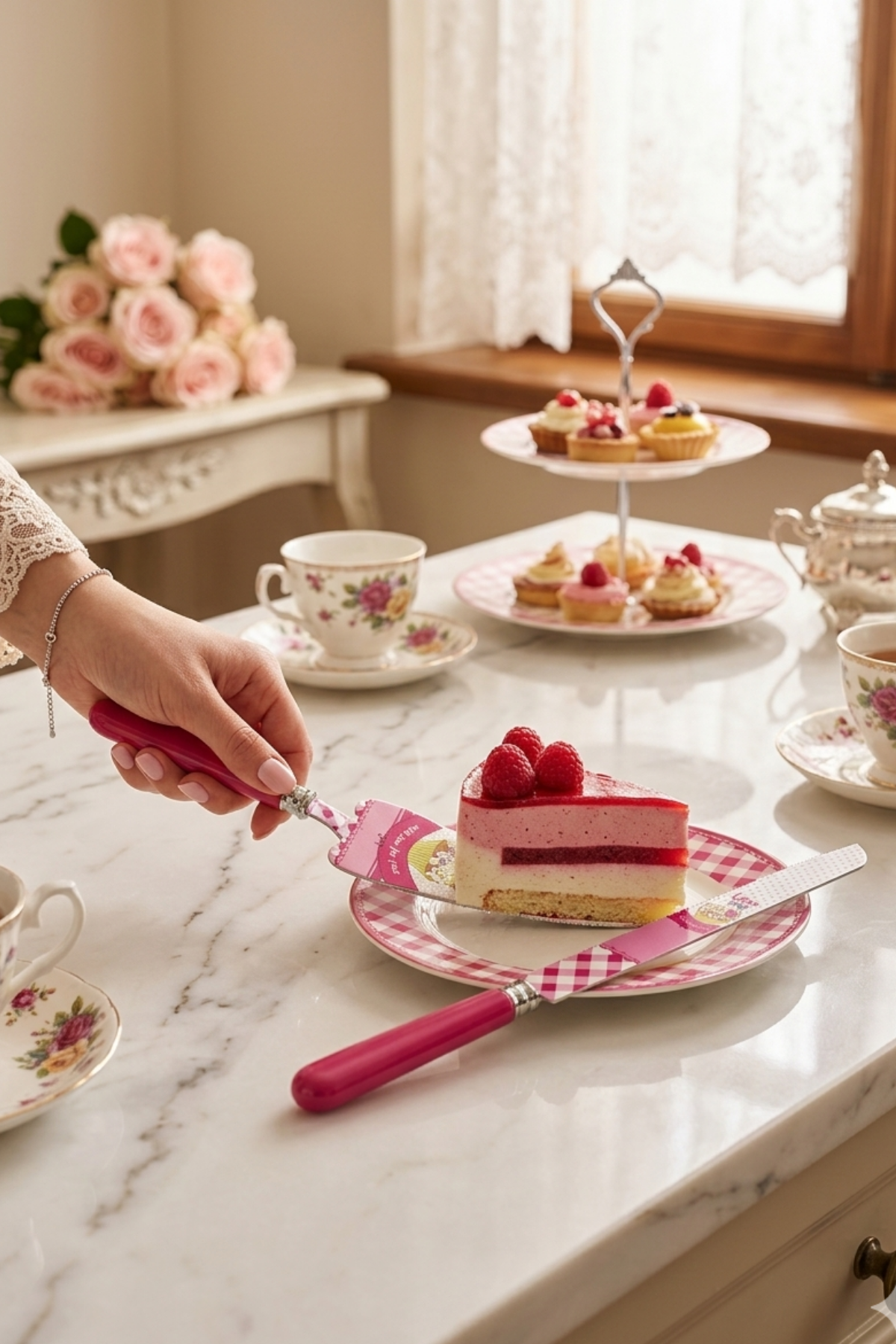 ROOC LOVE VE CUPCAKE DESENLİ FUŞYA PEMBE 2 PARÇA PASTA SERVİS SETİ