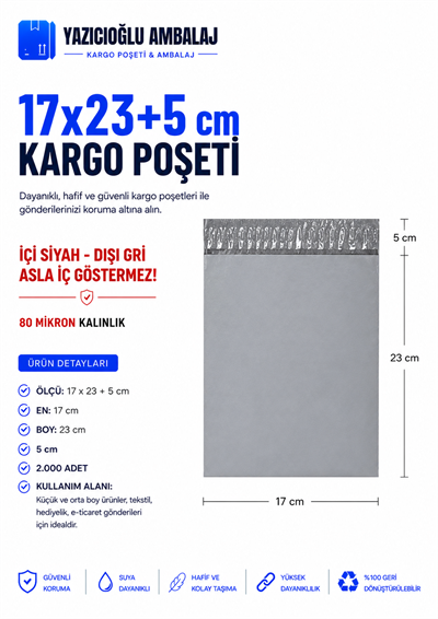 17*23+5 CEPLİ / CEPSİZ GRİ KARGO POŞETİ - 2000ADET