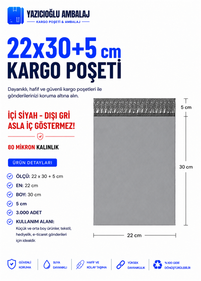 22*30+5 CEPLİ / CEPSİZ GRİ KARGO POŞETİ - 3000 ADET