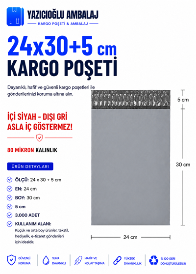 24*30+5 CEPLİ / CEPSİZ GRİ KARGO POŞETİ - 3000 ADET