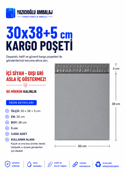30*38+5 CEPLİ / CEPSİZ GRİ KARGO POŞETİ - 3000 ADET