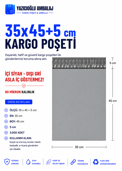 35*45+5 CEPLİ / CEPSİZ GRİ KARGO POŞETİ - 3000 ADET