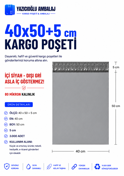 40*50+5 CEPLİ / CEPSİZ GRİ KARGO POŞETİ - 3000 ADET