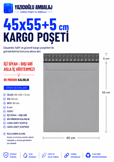 45*55+5 CEPLİ / CEPSİZ GRİ KARGO POŞETİ - CEPLİ 1.200 ADET/ CEPSİZ 1.600 ADET