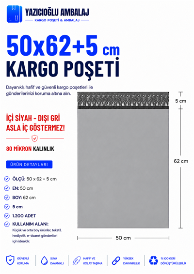 50*62+5 CEPSİZ GRİ KARGO POŞETİ - 1.200 Adet