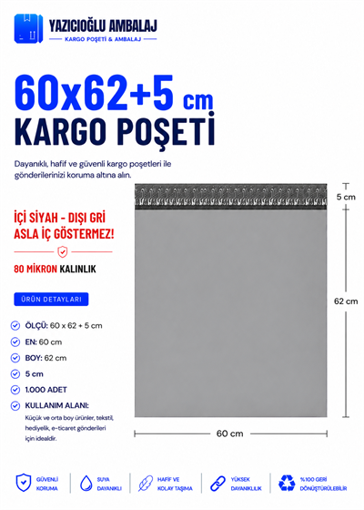 60*62+5 CEPSİZ GRİ KARGO POŞETİ - 1.000 Adet
