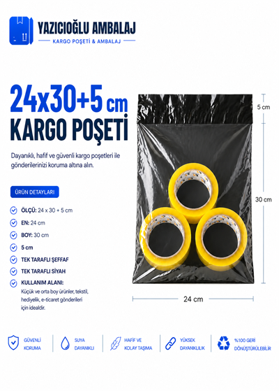 Şeffaf–Siyah (Manifesto) Kargo Poşeti 24*30 | Güçlü Yapışkanlı, Yırtılmaz Ambalaj Torbası (3.000 Adet)