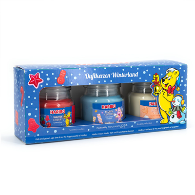 3Lü Set Kokulu Mum Haribo Winterland - Kış Kirazı, Kabarık Bulutlar, Vanilya Waffle Kreması