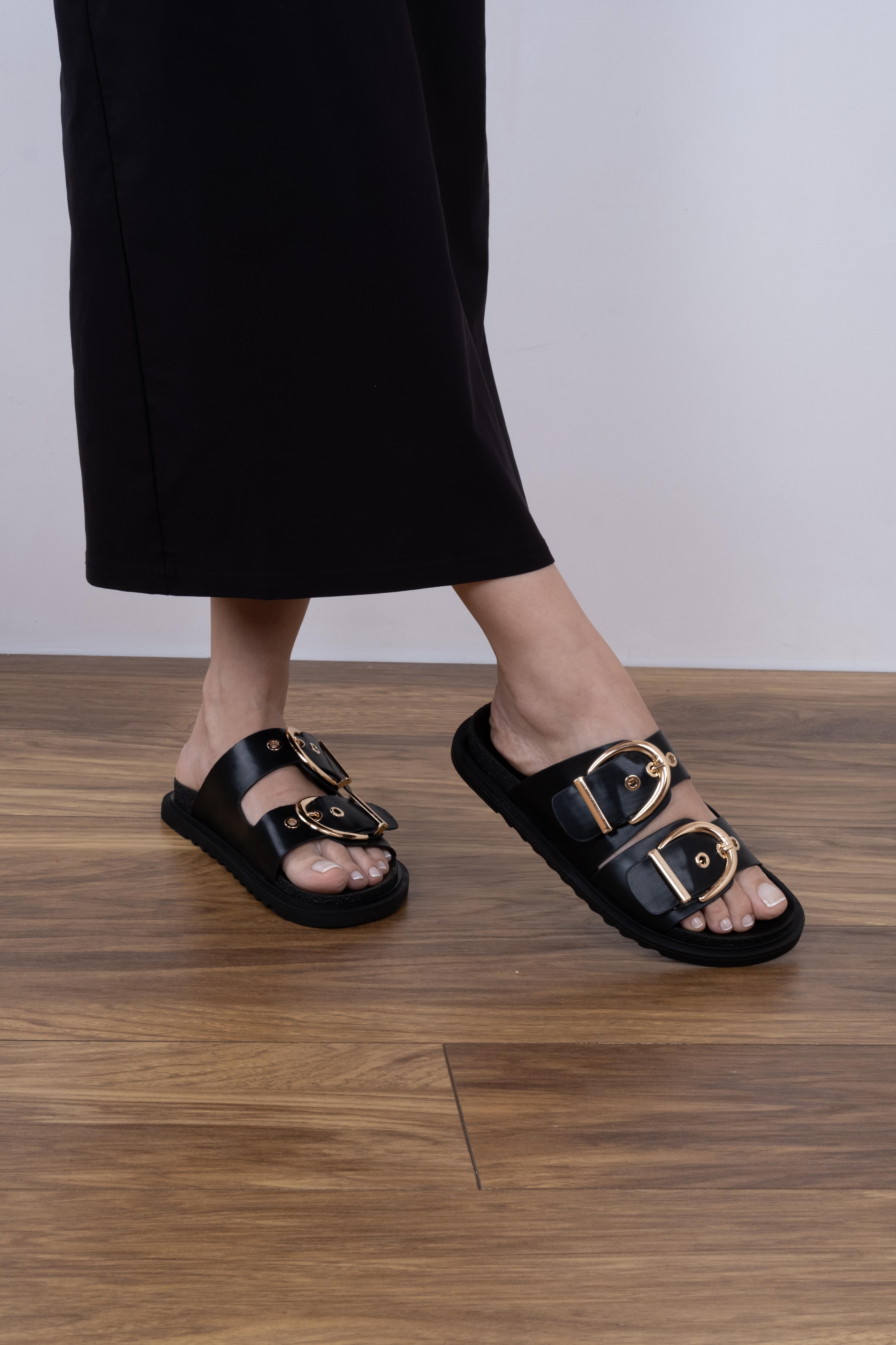 Ganie Model İki Kemerli Terlik Siyah