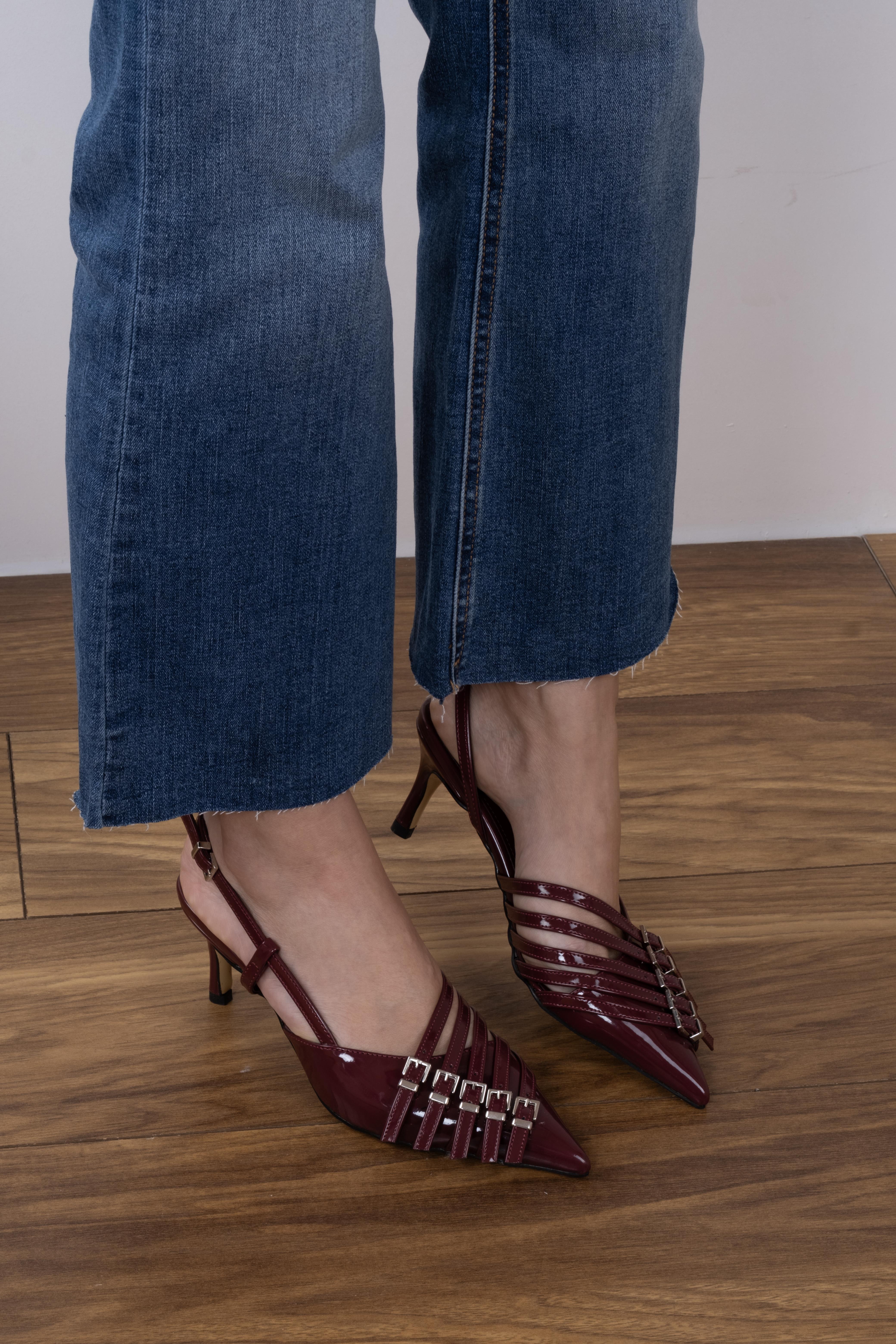 Mutien Model 5 Kemer Detaylı Topuklu Ayakkabı Bordo Rugan