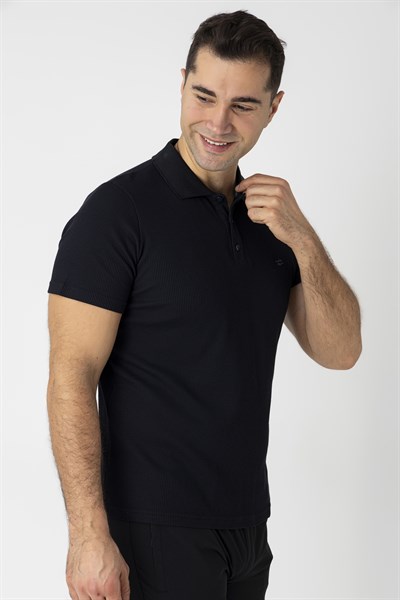 CROZWİSE PAMUK PİKE WAFFLE POLO YAKA T.SHİRT SİYAH