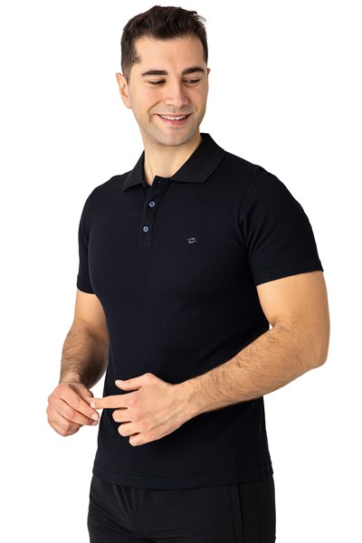 CROZWİSE PAMUK PİKE WAFFLE POLO YAKA T.SHİRT SİYAH