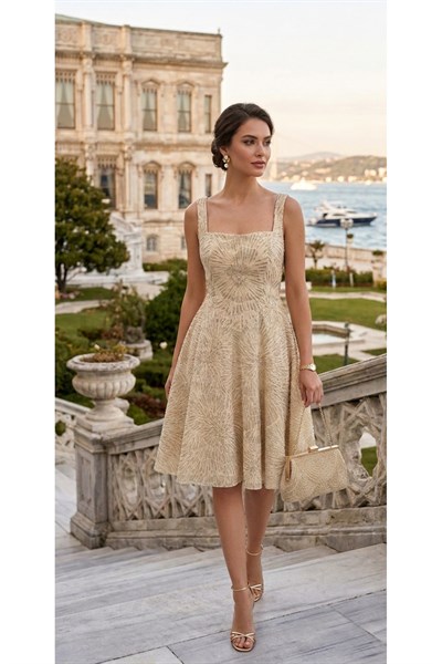 Işıltılı simli Jacquard Dokulu Kare Yaka Couture premium abiye Elbise