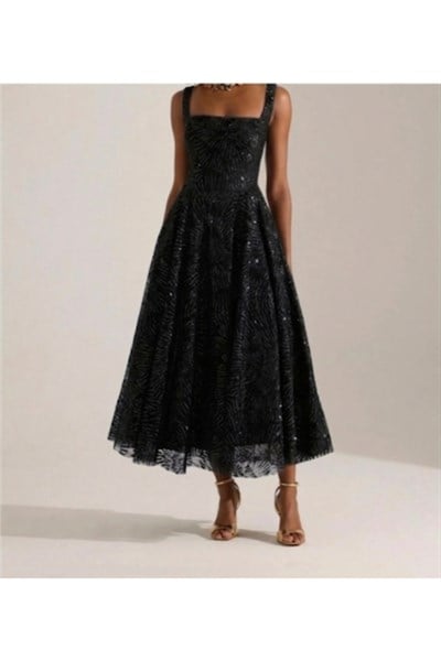 Siyah Işıltılı simli Jacquard Dokulu Kare Yaka Couture premium abiye Elbise