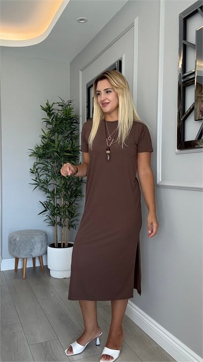 Full esnek rahat modal elbise kahverengi 