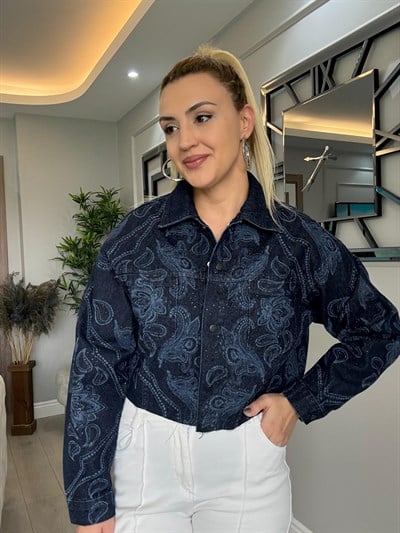 KENDİNDEN DESENLİ FULL TAŞLI DENİM CEKET LACİVERT