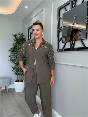 Orj model kuş gözü detaylı taşlı incili tensel takım haki