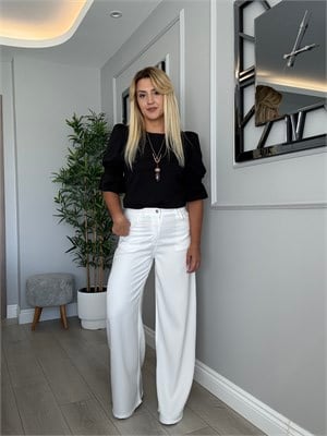 Premium kalite beli lastikli tensel jean beyaz