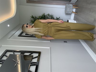 Yağ yeşili bluzu kuşalklı rahat modal takım