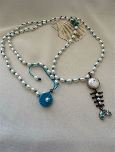 925 Ayar Gümüş Balık Sırtı ve Düğümlü İnci Tasarım Kolye