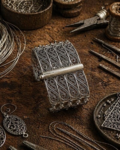 925 Ayar Gümüş Oksitli El İşçiliği Telkari Kilitli Bilezik