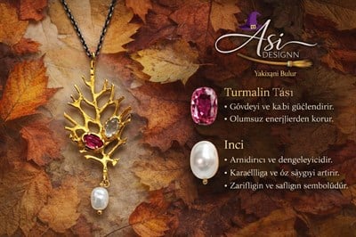 925 Ayar Gümüş Oksitli Zincirli İnci ve Turmalin Taşlı Yaprak Kolye