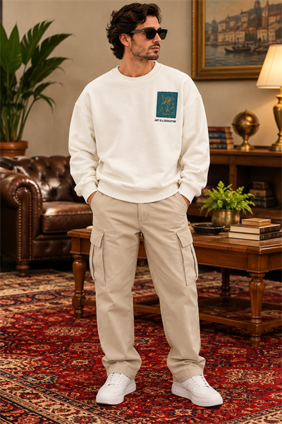 Ekru Nakış Detaylı Oversize Erkek Sweatshirt