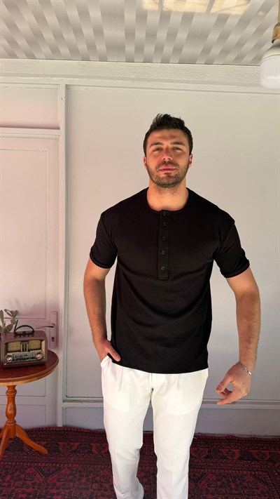 CasualMentr Siyah Fitilli Düğmeli Yaka Erkek Tişört