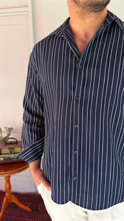 CasualMentr Lacivert Çizgili Oversize Erkek Gömlek