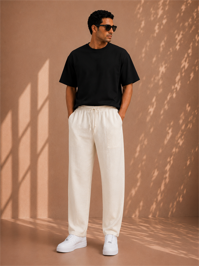 Beyaz Keten Relax Fit Bağcıklı Erkek Pantolon