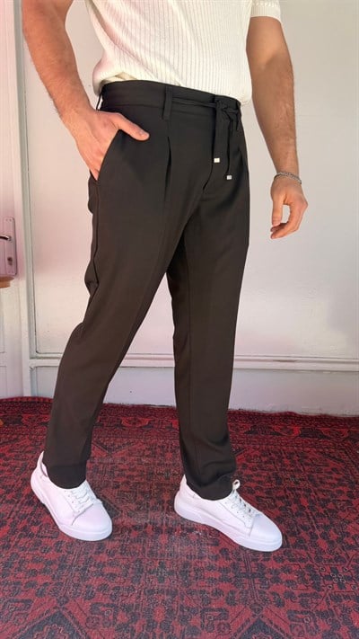 Kahverengi Tek Pileli Bağcıklı Erkek Pantolon