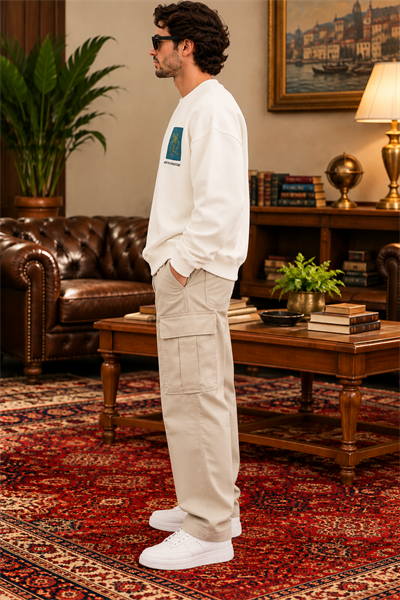 Ekru Nakış Detaylı Oversize Erkek Sweatshirt