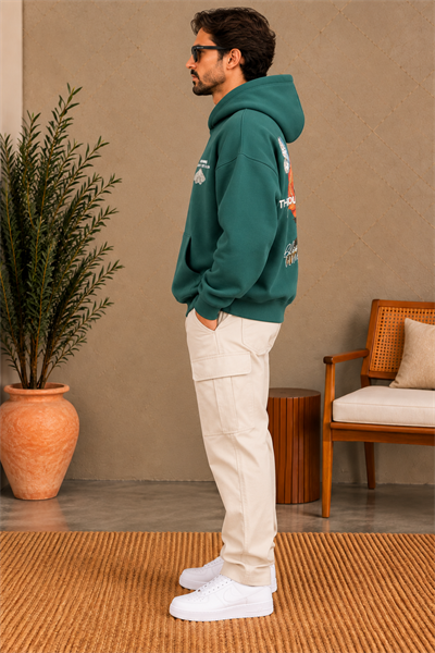 Koyu Yeşil Grafik Baskılı Erkek Hoodie