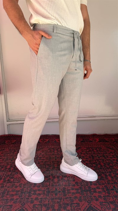 Gümüş Gri Pilesiz Bağcıklı Erkek Pantolon