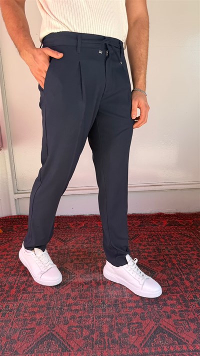 Lacivert Tek Pile Bağcıklı Pantolon
