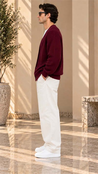 Bordo V Yaka Düğmeli Oversize Erkek Triko Hırka