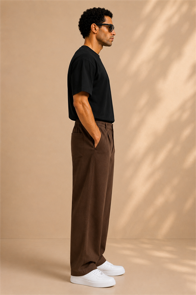 Kahverengi Keten Baggy Fit Erkek Pantolon