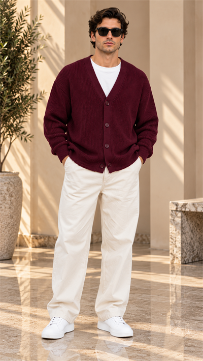 Bordo V Yaka Düğmeli Oversize Erkek Triko Hırka