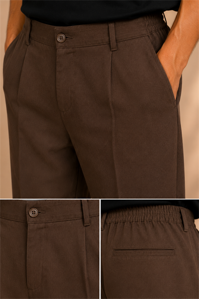 Kahverengi Keten Baggy Fit Erkek Pantolon