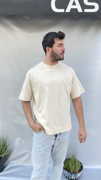 Krem Modal Oversize Nakış Detaylı Erkek Tişört