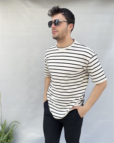 Siyah Çizgili Dokulu Oversize Erkek Tişört