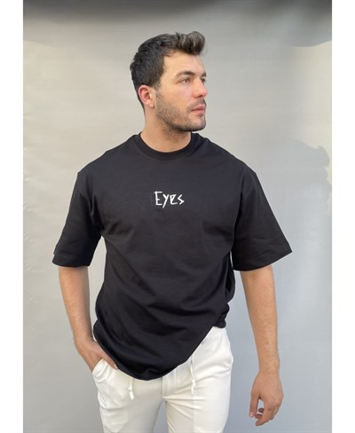 Casual Men Eyes Baskılı Oversize Siyah T-Shirt