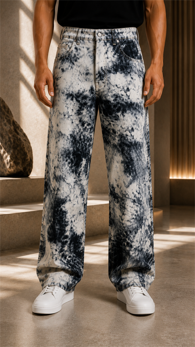 Mavi Batik Desenli Baggy Fit Erkek Jean Pantolon