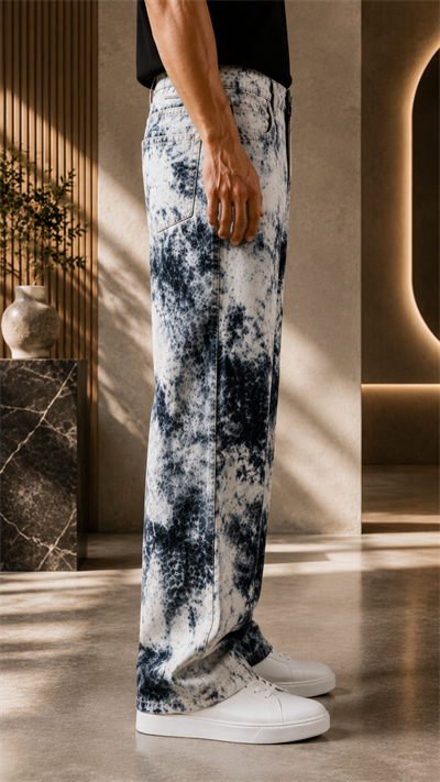 Mavi Batik Desenli Baggy Fit Erkek Jean Pantolon