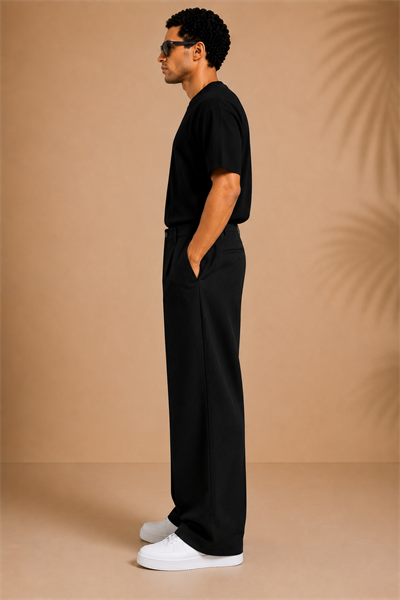 Siyah Keten Baggy Fit Erkek Pantolon