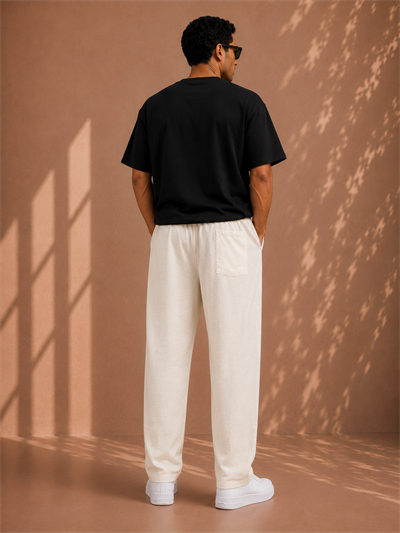 Beyaz Keten Relax Fit Bağcıklı Erkek Pantolon